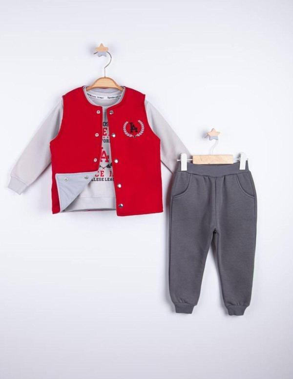 Favo Kids Nakışlı 3'Lü Yelekli Çocuk Takım Kırmızı 3 Yaş - Image 1