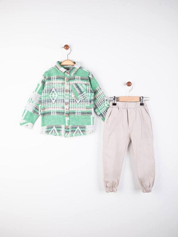 Favo Kids Kilim Desenli Oduncu Gömlek Takım Yeşil 3 Yaş - Image 1