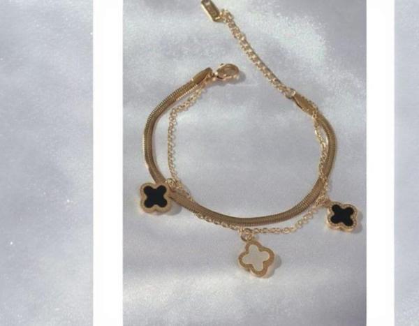 Çelik Gold Renk Mineli Yonca Model Çift İtalyan Zincirli Bileklik  - Image 1