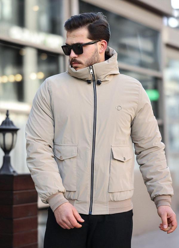 İxir Elyaf Dolgulu Kapüşonlu Erkek Kışlık Mont Krem - Image 1