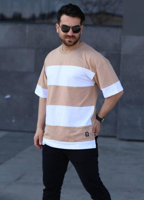 İxir Oversize Erkek Tişört Yatay Çizgili Taba Beyaz - Image 1