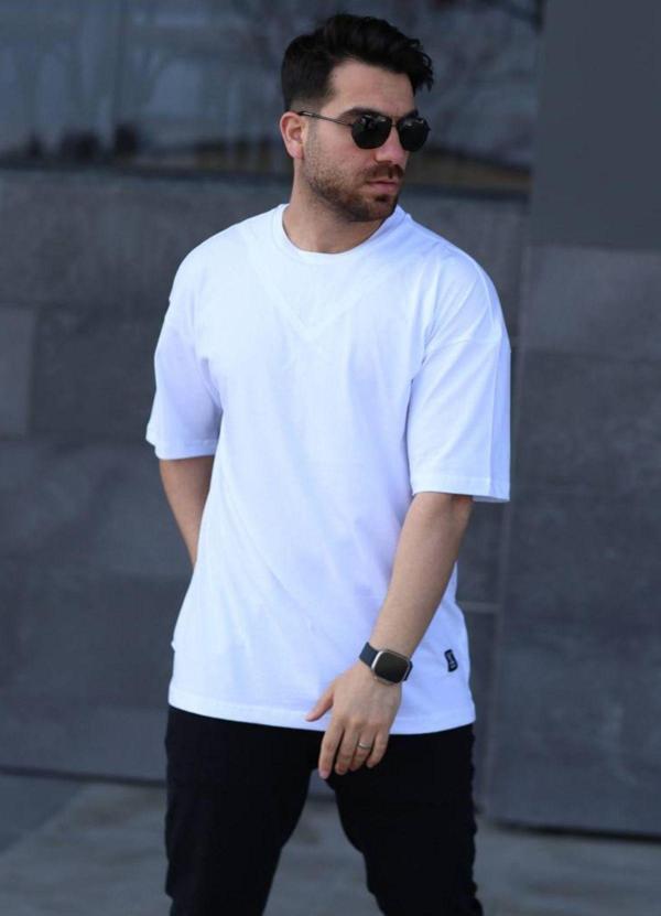 İxir Oversize Erkek Tişört X Desenli Beyaz - Image 1