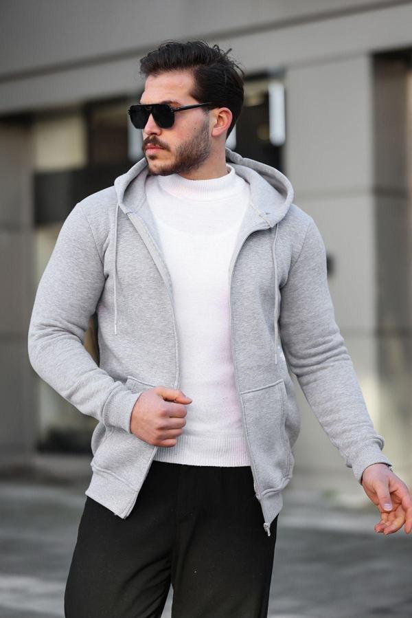 İxir 3 İplik Fermuarlı Pamuklu Sweatshirt Gri - Image 1