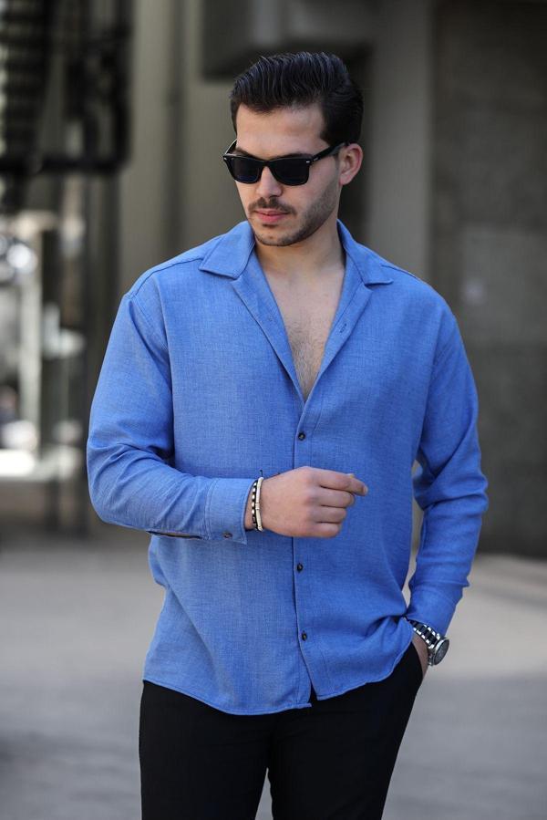 İxir Cepsiz Keten Erkek Gömlek Mavi - Image 1