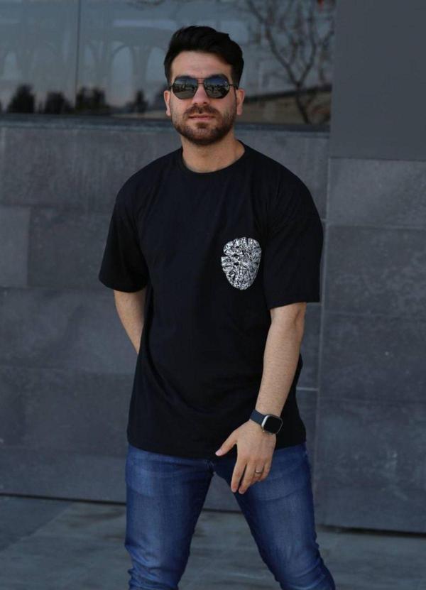 İxir Baskılı Erkek Oversize Tişört Siyah Parmak İzi - Image 1