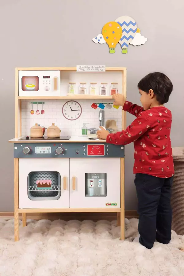 Ledli Ahşap Oyuncak Mutfak ~ Montessori Mutfak, Çocuk Mutfağı, Hediye Halı DBK101 - Image 1