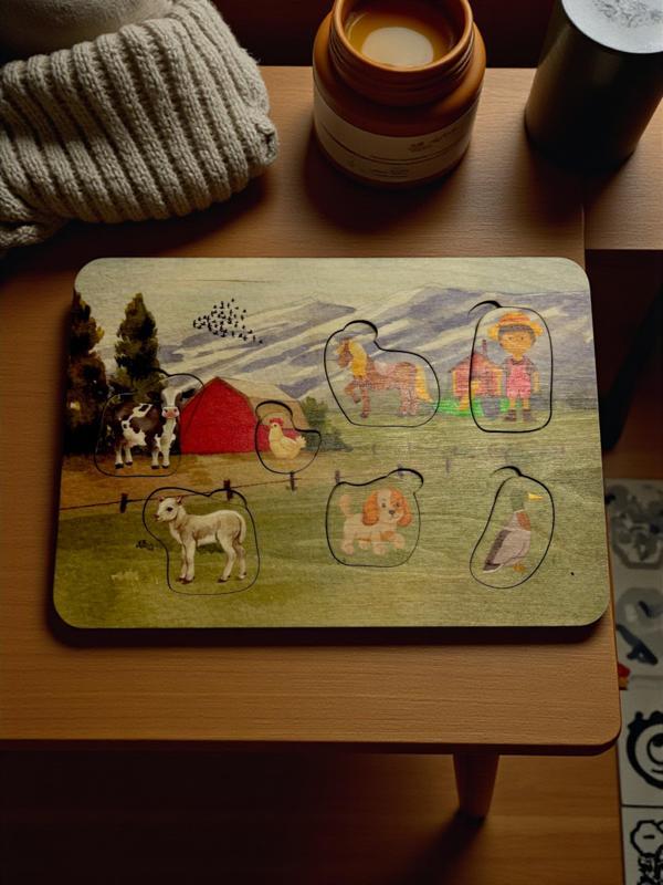 Çiftlik Hayvanları, Ahşap Çocuk Puzzle, Renkli Çiftlik Yapboz, 8 Parça, Renkli, Bul Tak Bulmaca - Image 1