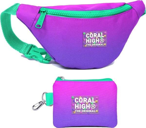 Coral High Kız Çocuk Pembe Mor Renk Geçişli Desenli Bel Çantası ve Bozuk Para Cüzdanı Set - Image 1