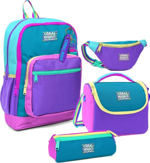 Coral High Kız Çocuk Pembe Pastel Renkli Desenli İlkokul Okul Çanta Seti ve Bel Çantası - Image 1