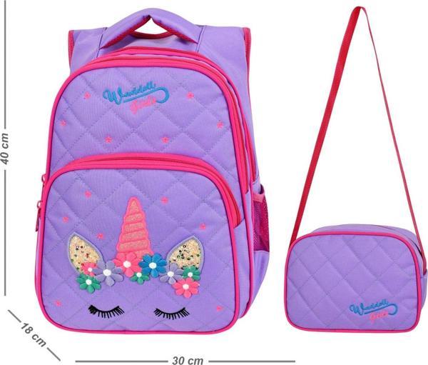 WaddellBag Kız Çocuk Mor Tekboynuz Nakışlı İlkokul Sırt Çantası Seti - Image 1