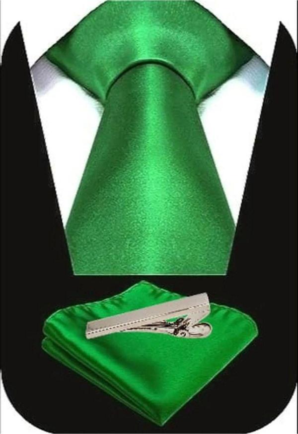 Erkek Saten Kravat Mendil Ve Silver Çelik Kravat İğne Set - Image 1