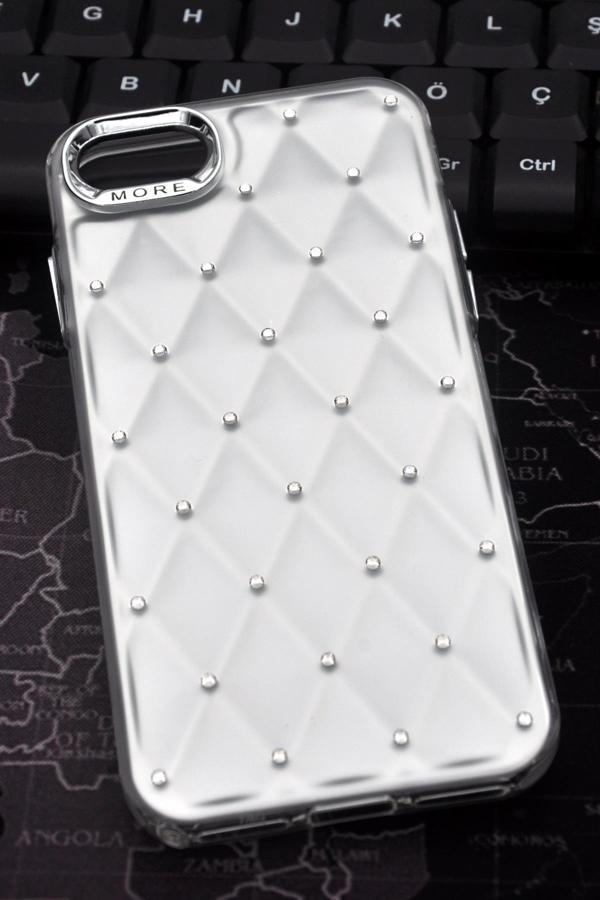 iPhone 7 / 8 Uyumlu Baklava Desenli Pırlanta Taşlı Sert Kapak Kılıf Beyaz - Image 1