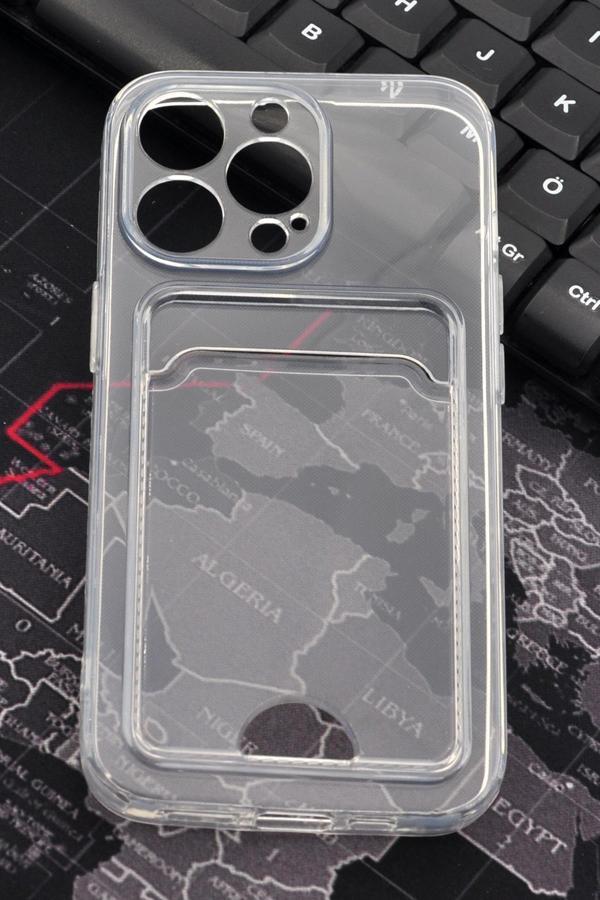 iPhone 14 Pro Uyumlu Kredi Kartlıklı Şeffaf Kılıf Kamera Korumalı - Image 1
