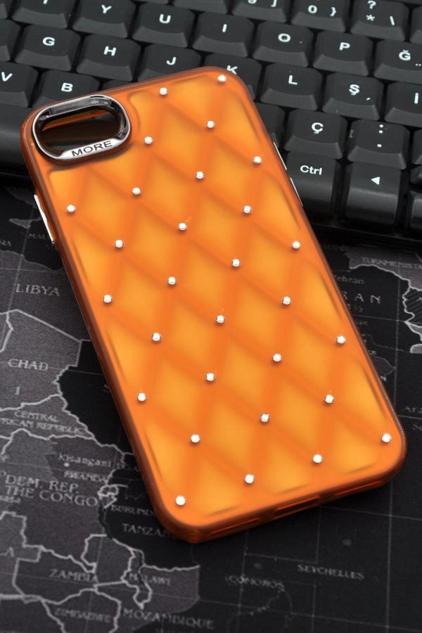 iPhone 7 / 8 Uyumlu Baklava Desenli Pırlanta Taşlı Sert Kapak Kılıf Turuncu - Image 1