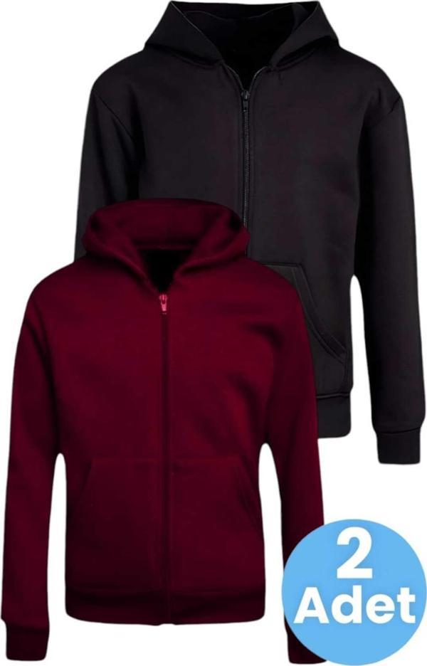Çocuk Unisex Pamuklu Kapüşonlu Fermuarlı Sweatshirt 2'Li Set - Image 1