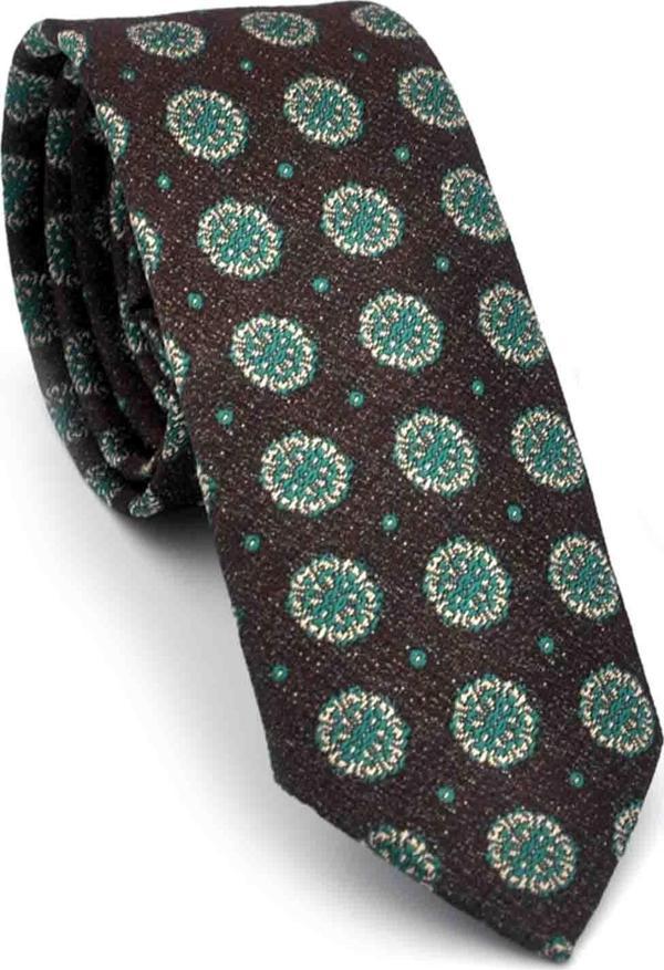 Yeşil Bej Yuvarlak Desenli Kahverengi Dokuma Kumaş Mendilli Slim Fit Kravat // SDK-250206 - Image 1