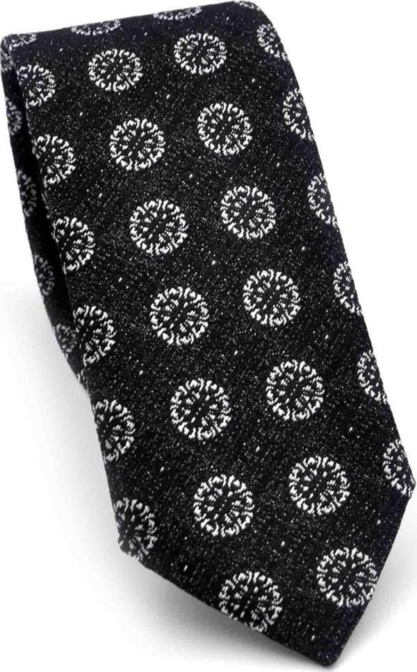 Gri Yuvarlak Desenli Siyah Dokuma Kumaş Mendilli Slim Fit Kravat // SDK-250204 - Image 1