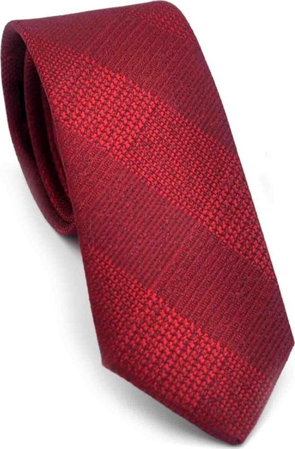 Bordo Kırmızı Verev Desenli Dokuma Kumaş Mendilli Slim Fit Kravat // SDK-250203 - Image 1