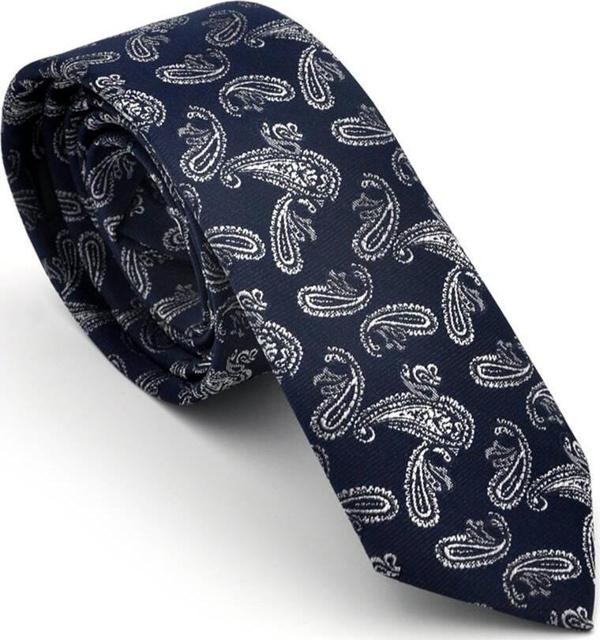 Beyaz Şal Desenli Lacivert Dokuma Kumaş Mendilli Slim Fit Kravat  / SDK-230209 - Image 1
