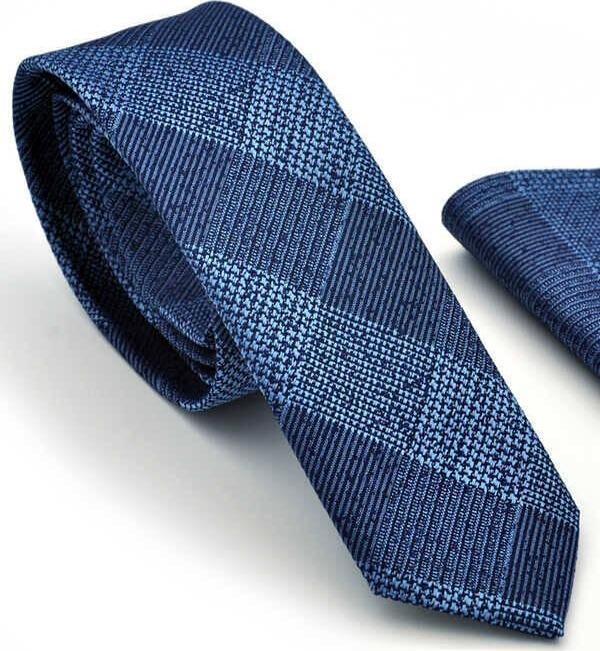 Mavi Lacivert Ekose Desenli Dokuma Kumaş Mendilli Slim Fit Kravat  / SDK-220708 - Image 1