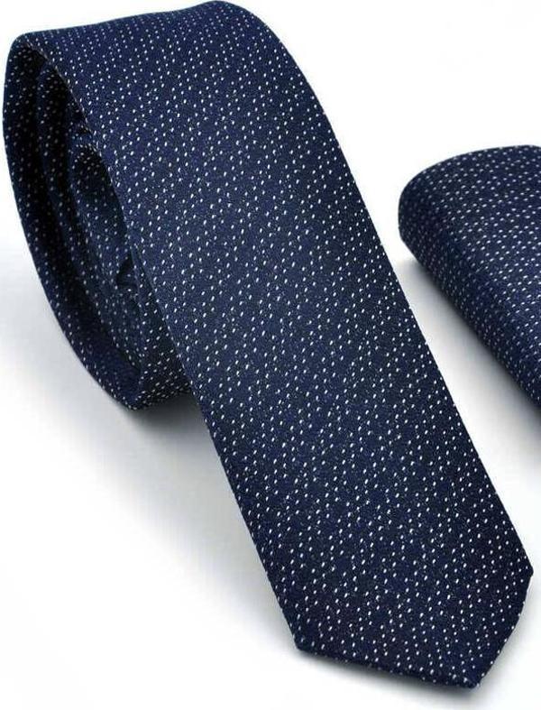 Beyaz Noktalı Verev Çizgili Lacivert Dokuma Kumaş Mendilli Slim Fit Kravat  / SDK-220713 - Image 1