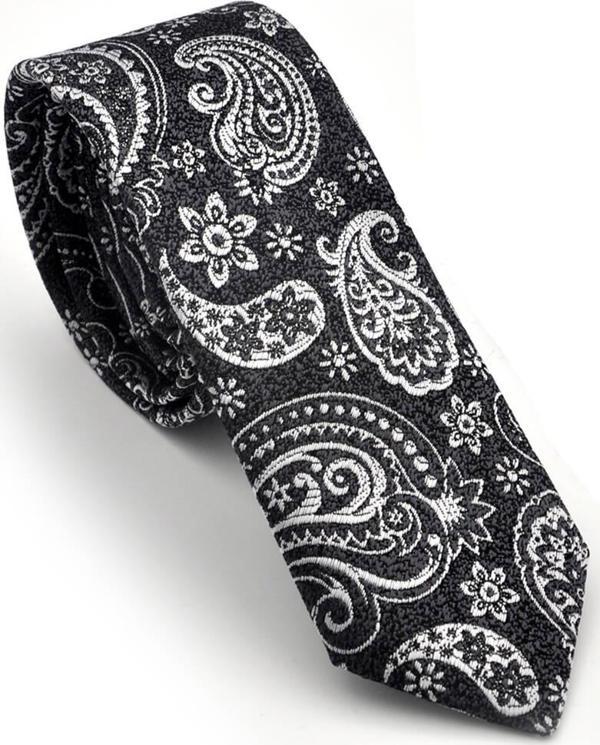 Beyaz Şal Desenli Siyah Dokuma Kumaş Mendilli Slim Fit Kravat  / SDK-230206 - Image 1