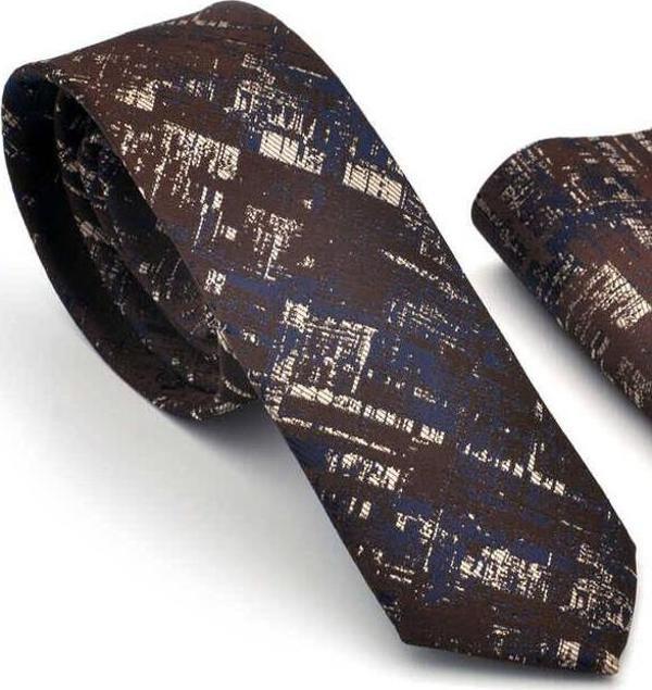 Bej Lacivert Motif Desenli Kahverengi Dokuma Kumaş Mendilli Slim Fit Kravat  / SDK-220710 - Image 1