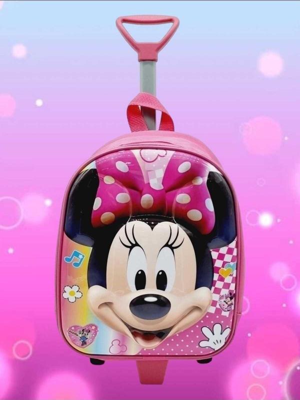Kız Çocuk Minnie Baskılı Çekçekli Anaokulu Kreş Okul Çantası Sırt Çantası - Image 1