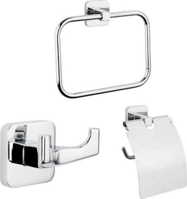 Tema Beyaz Kare 3 Lü Set Yuvarlak Havluluk + Askılık + Tuvalet Kağıtlık 3 Parça Paslanmaz Çelik - Image 1
