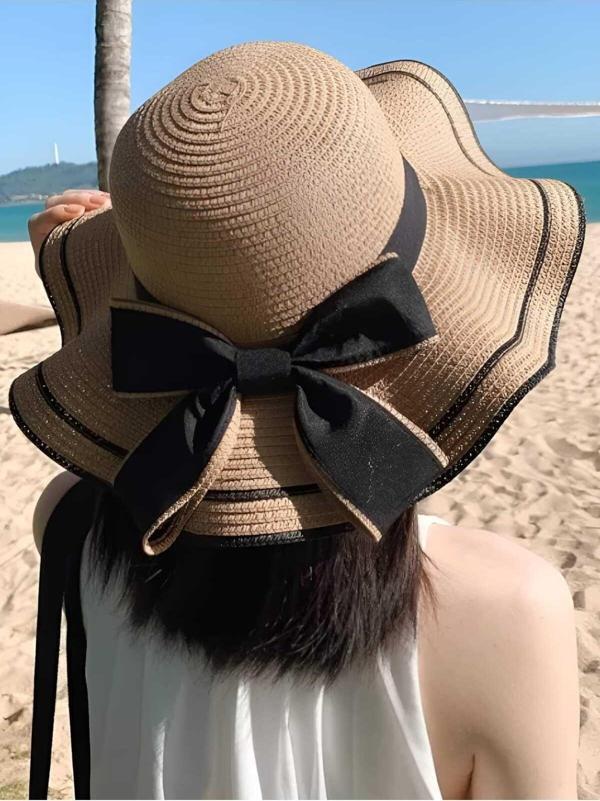 Kadın Dalgalı Geniş Siperli Fiyonklu Yazlık Organik Hasır Şapka - Image 1
