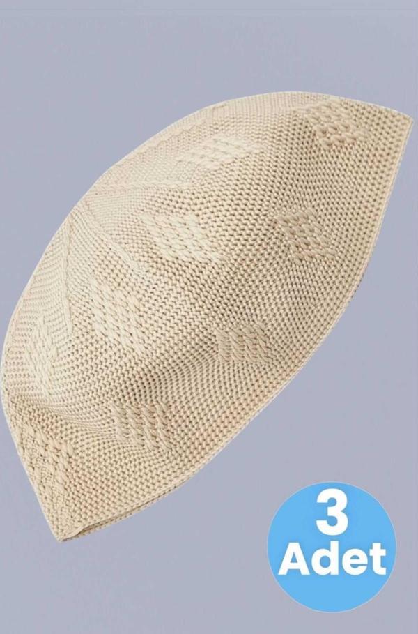 3'Lü Dokuma Örgü Desenli Takke Kaliteli Namaz Takkesi - Image 1