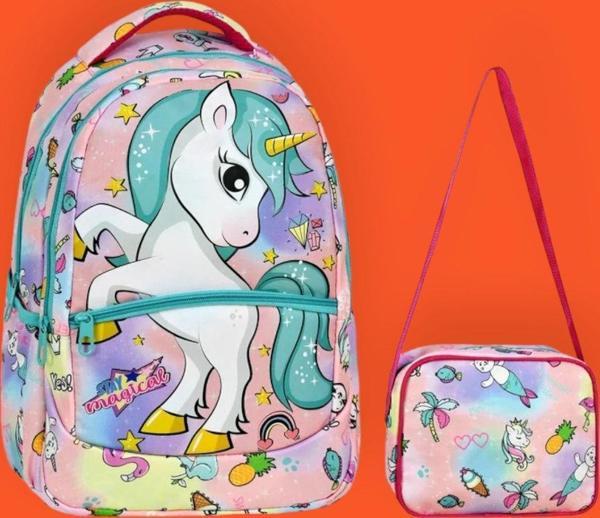Kız Çocuk Unicorn Desenli Beslenmeli Okul Çantası 2'Li Set - Image 1