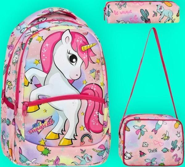 Kız Çocuk Unicorn Desenli Beslenmeli Ve Kalemlikli Okul Çantası 3'Lü Set - Image 1