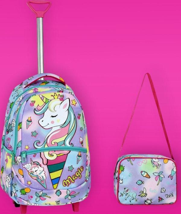 Kız Çocuk Dondurmalı Unicorn Desenli Beslenmeli Çekçekli Okul Çantası 2'Li Set - Image 1