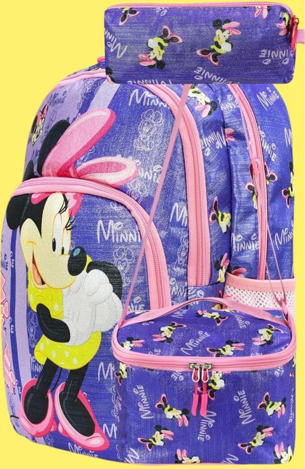 Minnie Baskılı Su Geçirmez Beslenmeli Ve Kalemlikli Ortopedik 3 Bölmeli Okul Çantası 3'Lü Set - Image 1
