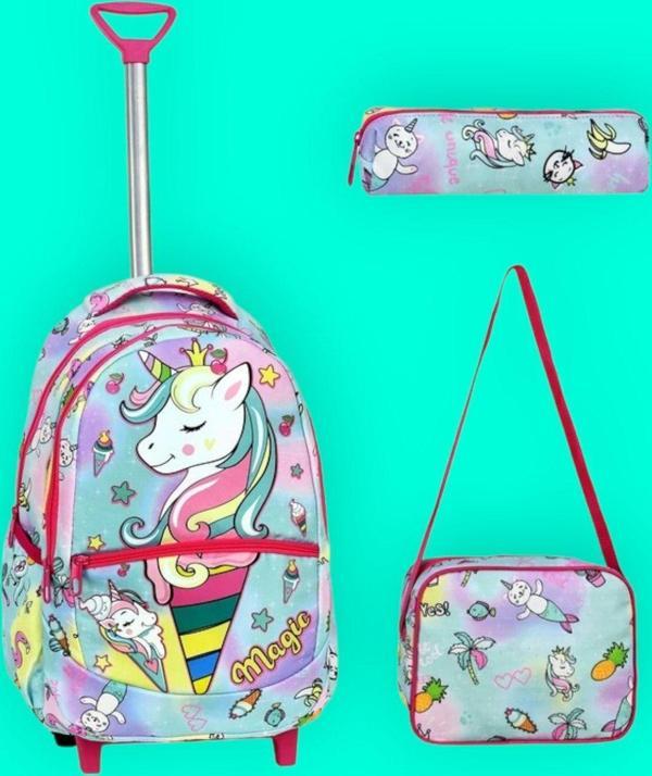 Çekçekli Unicorn Desenli Beslenmeli Ve Kalemlikli Okul Çantası 3'Lü Set - Image 1