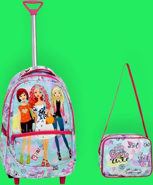 Kız Çocuk Girl Desenli Beslenmeli Çekçekli Okul Çantası 2'Li Set - Image 1