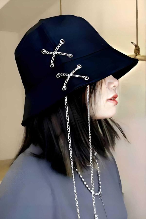 Unisex K Pop Tasarım Zincirli Bucket Şapka - Image 1