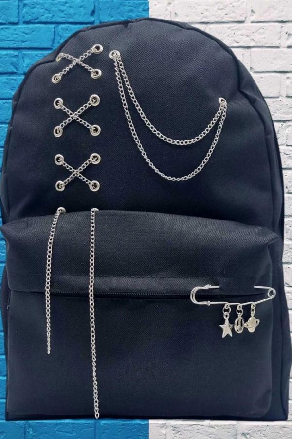 Unisex Zincirli Siyah Sırt Çantası - Image 1