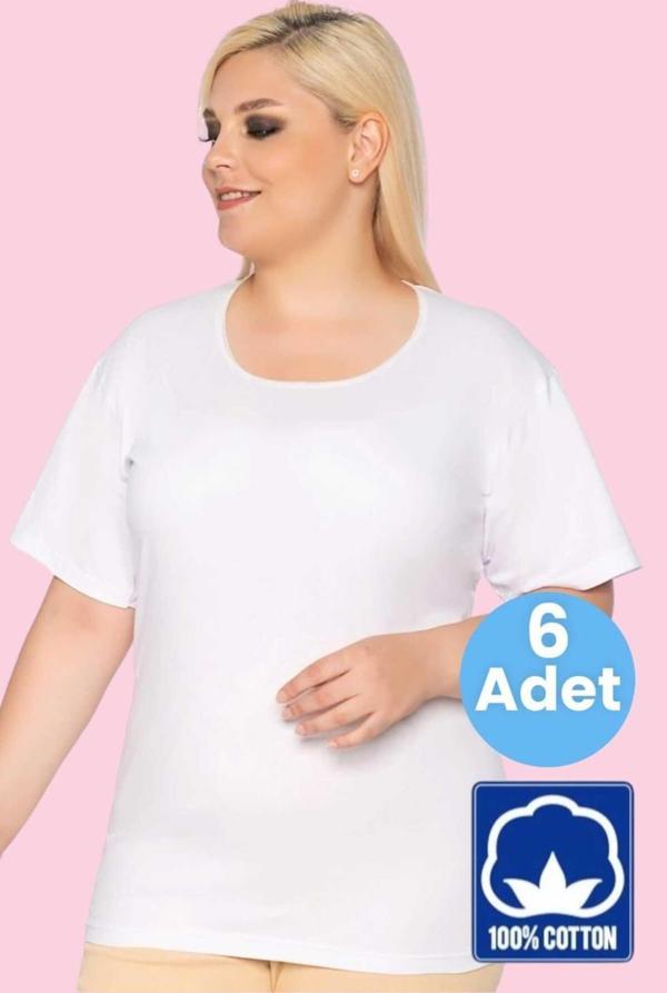 Tezzgelsin Kadın % 100 Pamuklu  Büyük Beden Dantelli Kısa Kollu Atlet Fanila 6 Adet - Image 1