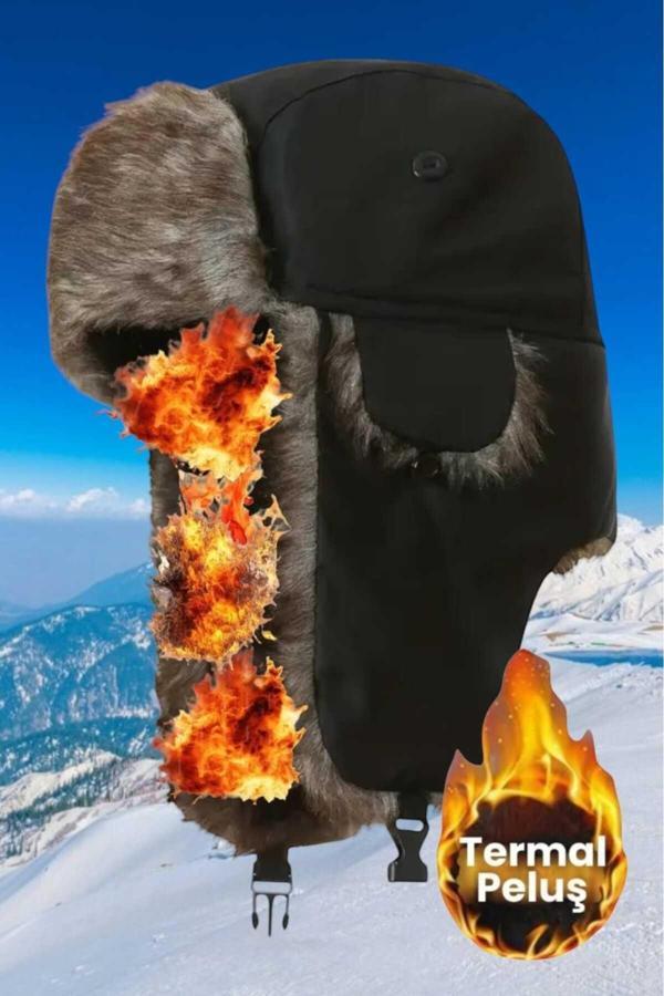 Unisex Termal Peluş Kürklü Pilot Şapka - Image 1