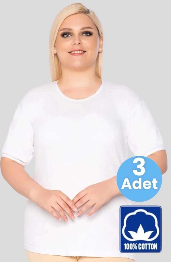 Tezzgelsin Kadın % 100 Pamuklu  Büyük Beden Dantelli Kısa Kollu Atlet Fanila 3 Adet - Image 1