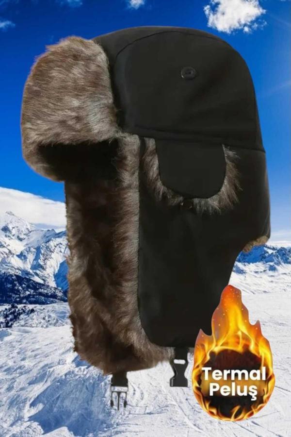 Unisex Termal Peluş Kürklü Pilot Şapka - Image 1
