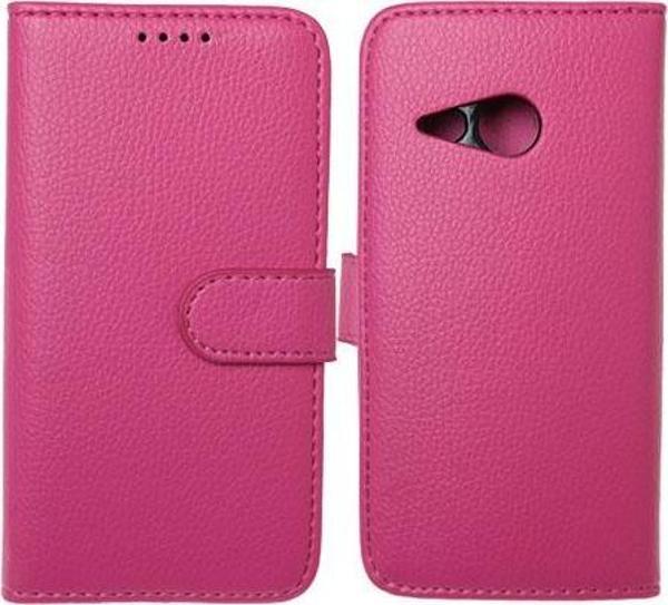 One M8 Mini ile Uyumlu Deri Kılıf Yan Model Kartlıklı Cüzdanlı Pembe - Image 1