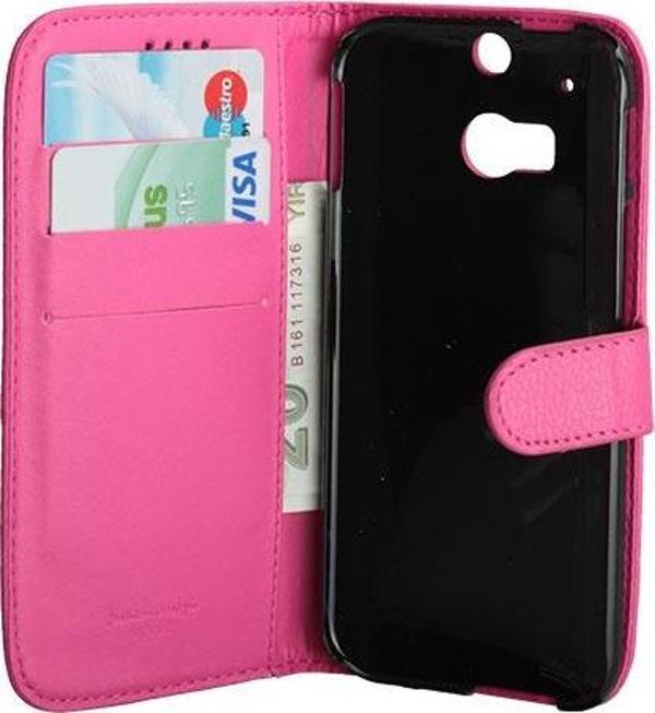 One M8 ile Uyumlu Deri Kılıf Yan Model Kartlıklı Cüzdanlı Pembe - Image 1