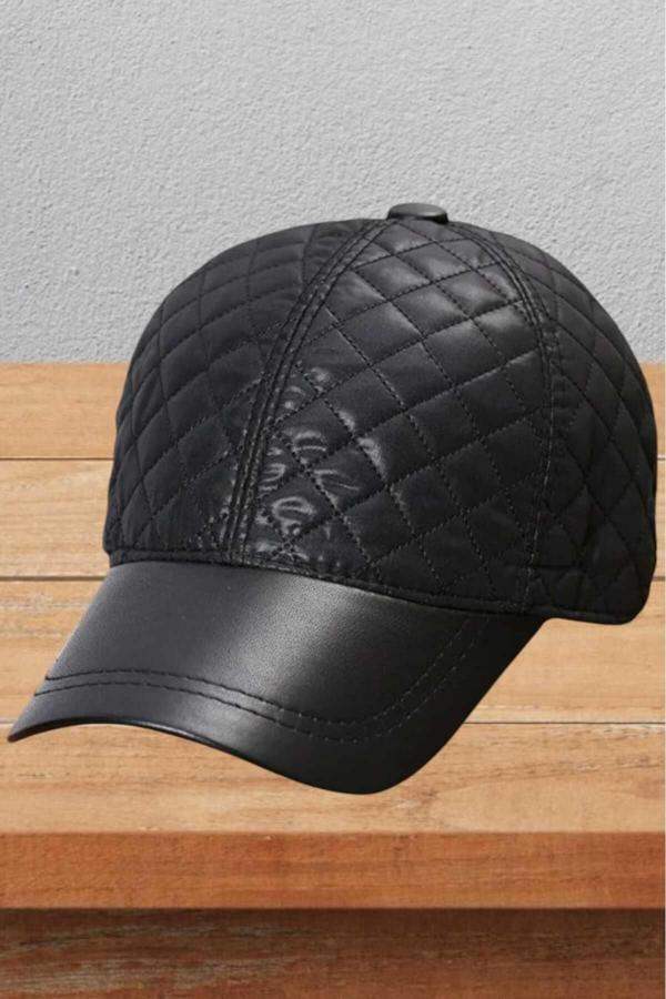 Kapitone Vegan Deri Su Geçirmez Kışlık Beyzbol Kep Ayarlanabilir Unisex Şapka Siyah - Image 1