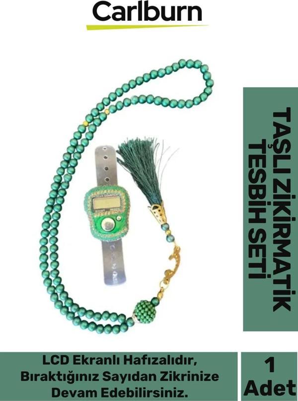 Özel Üretim Hac Umre Dua Kandil 5 Haneli Lcd Ekranlı Hafızalı Taşlı Zikirmatik 99'lu İnci Tesbih Set - Image 1