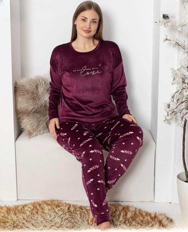 Pijamoni Kadın Kadife Büyük Beden Bisiklet Yaka Uzun Kol Pijama Takımı 4230/9- 1 Adet Vişne-4XL - Image 1