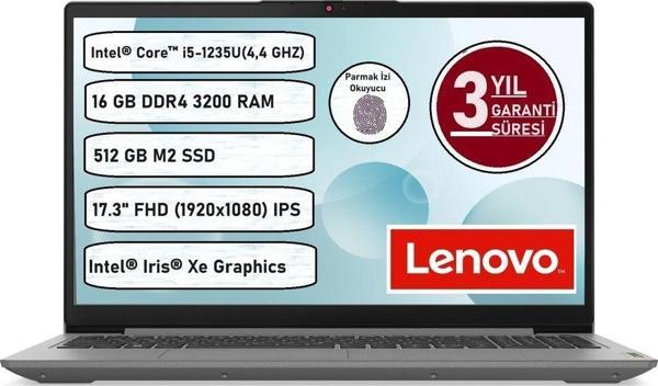 Lenovo Ideapad 3 17Iau7 Intel Core-I5 1235U 16 Gb 512 Gb Ssd Freedos 17.3" 82Rl00Cltx Taşınabilir Pc - Image 1