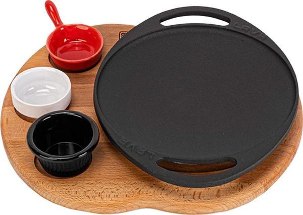 Yuvarlak Saç Kavurma Tavası Döküm Demir Yekpare Çift Kulplu Kayın Servis Ahşabı Çap(Ø)20cm. (Sos kapları dahil değildir) - Image 1